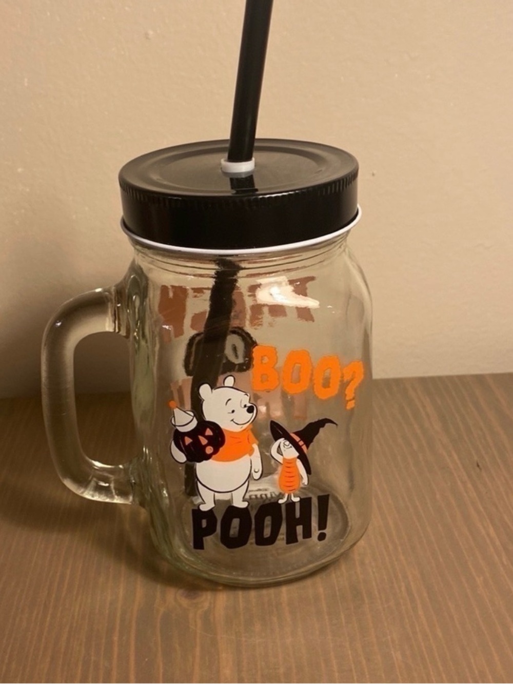 Disney Winnie the Pooh Halloween Glass Mason Jar Mug Lid Straw Trick or Treat